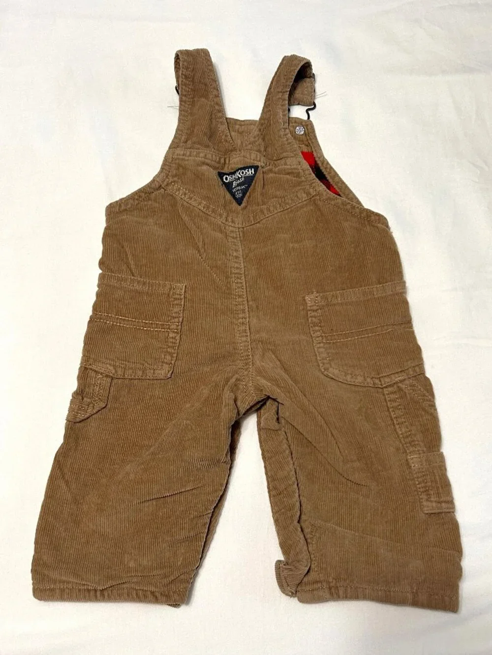 6 Month OshKosh B'Gosh Corduroy Tan Khaki Overalls with Plaid lining and pockets